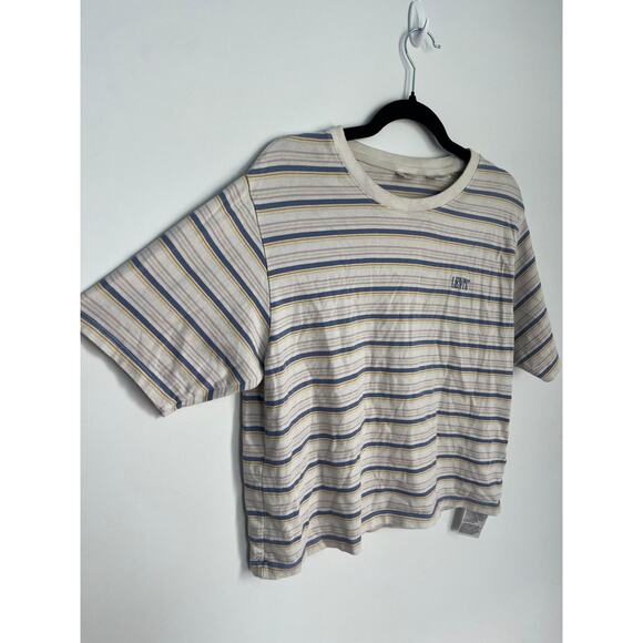 Levis Striped T Shirt Women S Cream Blue Yellow Cotton Casual - Picture 5 of 8